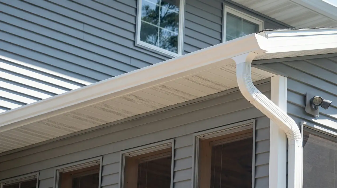 Professional home remodeling project showing newly installed white seamless gutters and downspouts on a house with gray siding in Allentown, PA