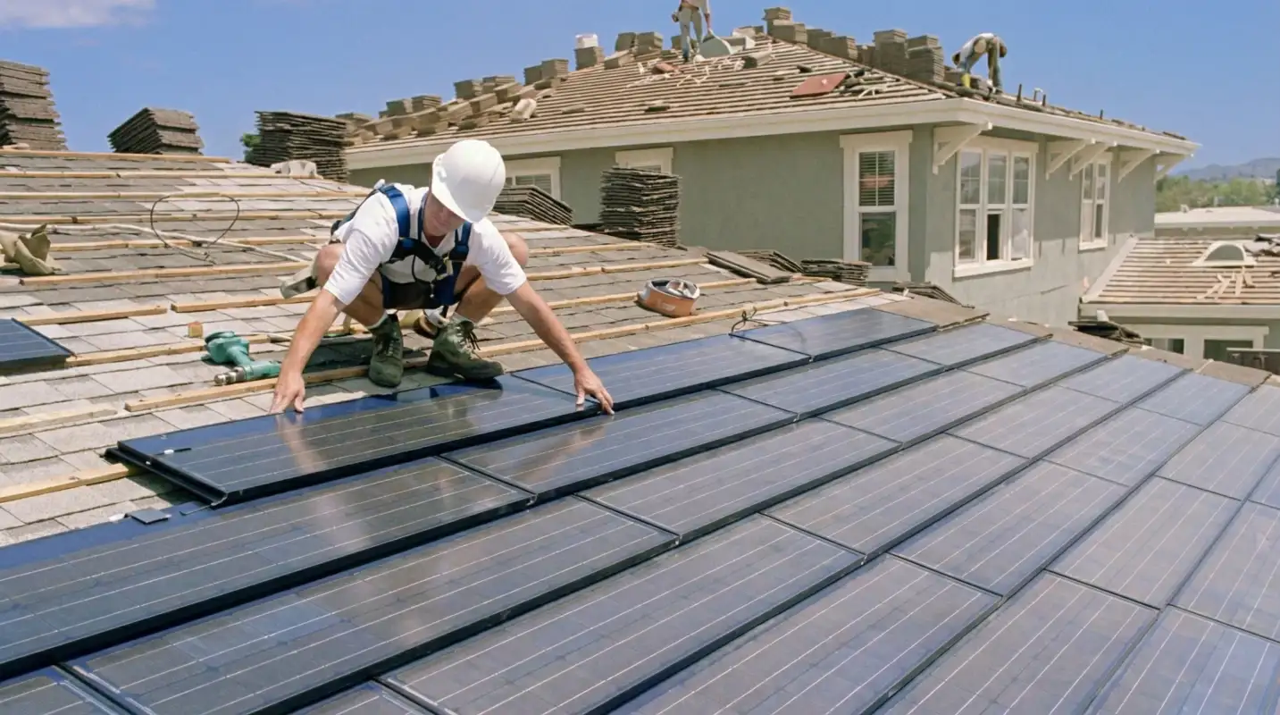 Roof replacement expert installing modern solar shingles on a residential home in Allentown, PA