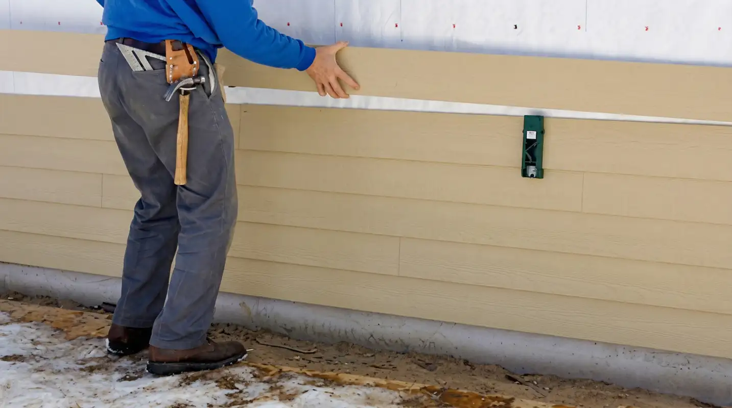 Siding replacement expert carefully aligning a new tan siding panel onto a residential exterior wall in Allentown, PA