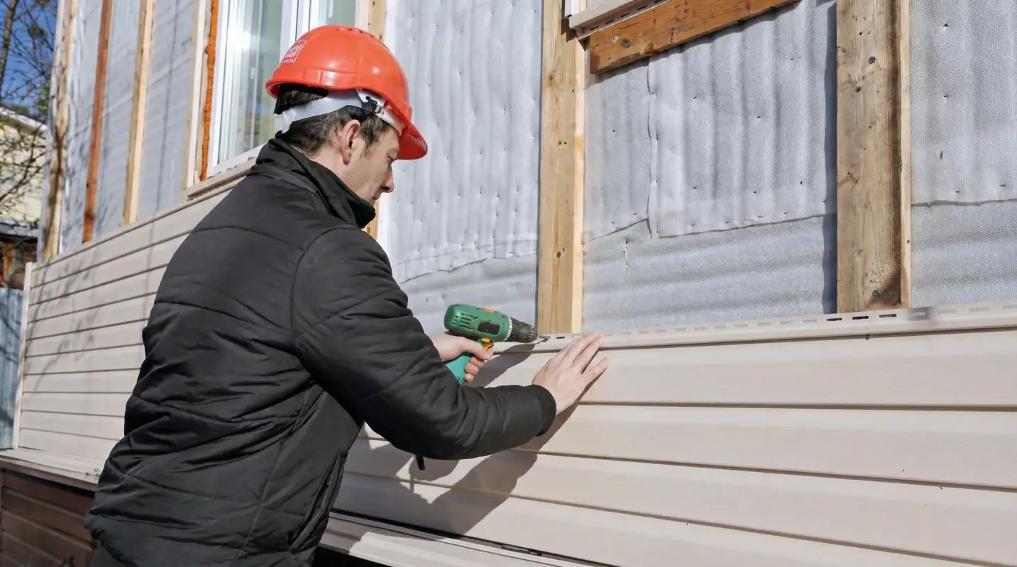 Siding replacement professional using a power drill to install new tan vinyl siding on a home exterior in Allentown, PA