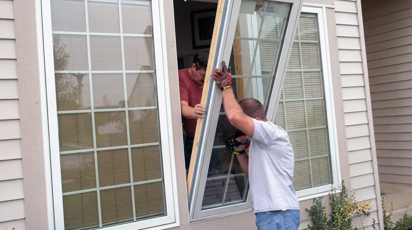 Professional home remodeling team installing a large replacement window on a house with tan siding in Allentown, PA
